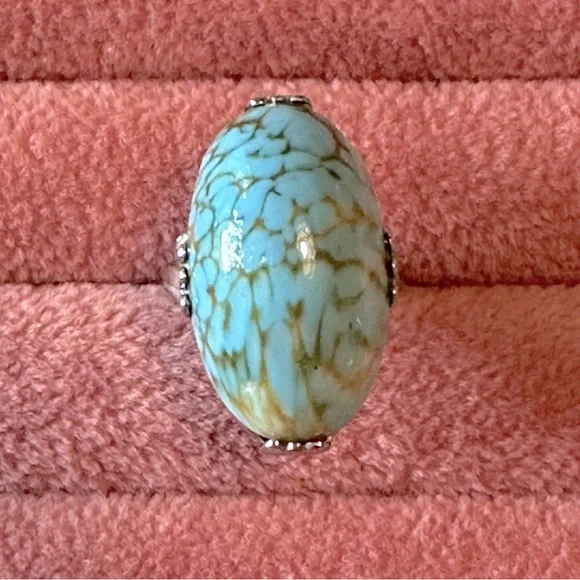 Vintage Faux Turquoise Mid Century Modern Statement Ring SZ 5 3/4 Elongated Oval - Picture 12 of 17
